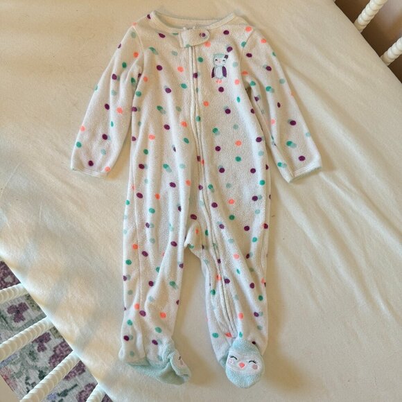 White Polka Dot Footed Fleece Pajamas with Owl - Picture 4 of 7